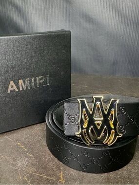 Amiri Black Embossed Leather Belt with Gold MM Buckle